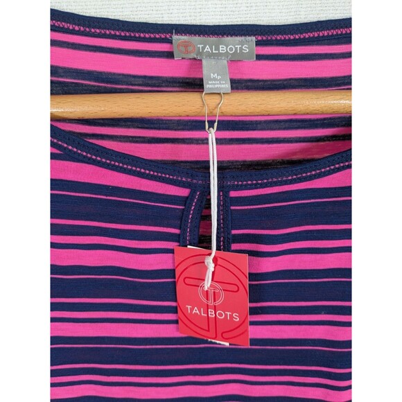NWT Talbots Blouse Women's Petite Medium 3/4 sleeve Pink & Navy Striped Coastal - Picture 3 of 8